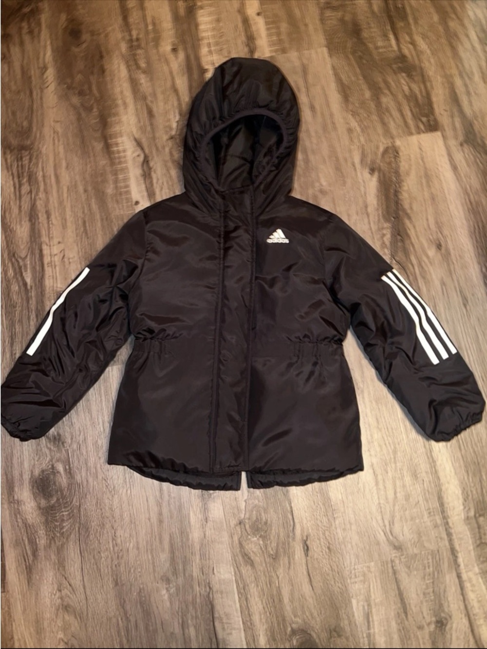 adidas Black Hooded Kids Puffer Jacket with White Stripe Accents